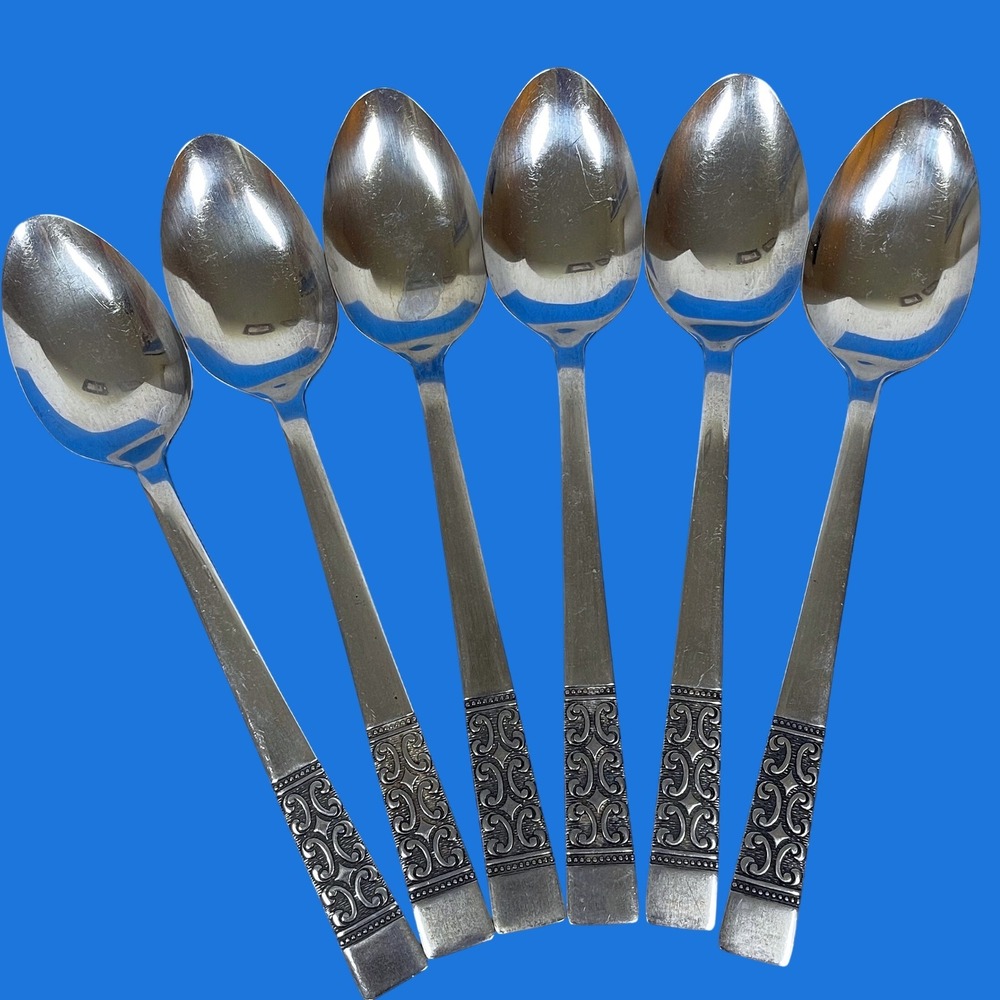 Vintage Stanley Rogers Stainless Soup Spoon 6 Silver Scroll Pattern Handle Japan